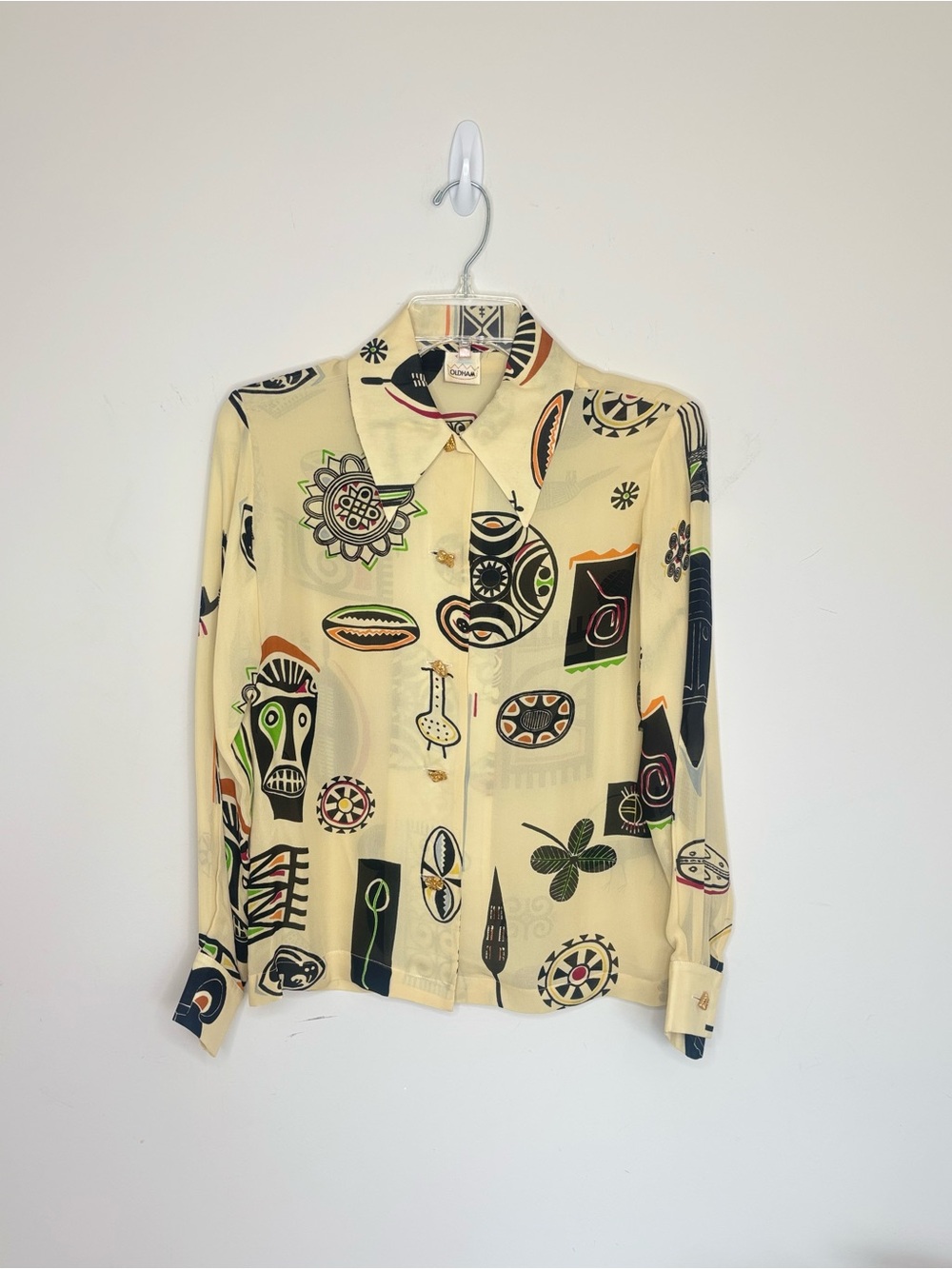 M4 Vintage 90s Todd Oldham Silk Tribal Print Heavy Gold Plate Button Petite XS/S